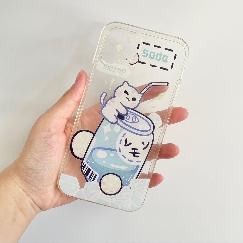 iPhone 12 Pro Case with Clear Soda Cat Print